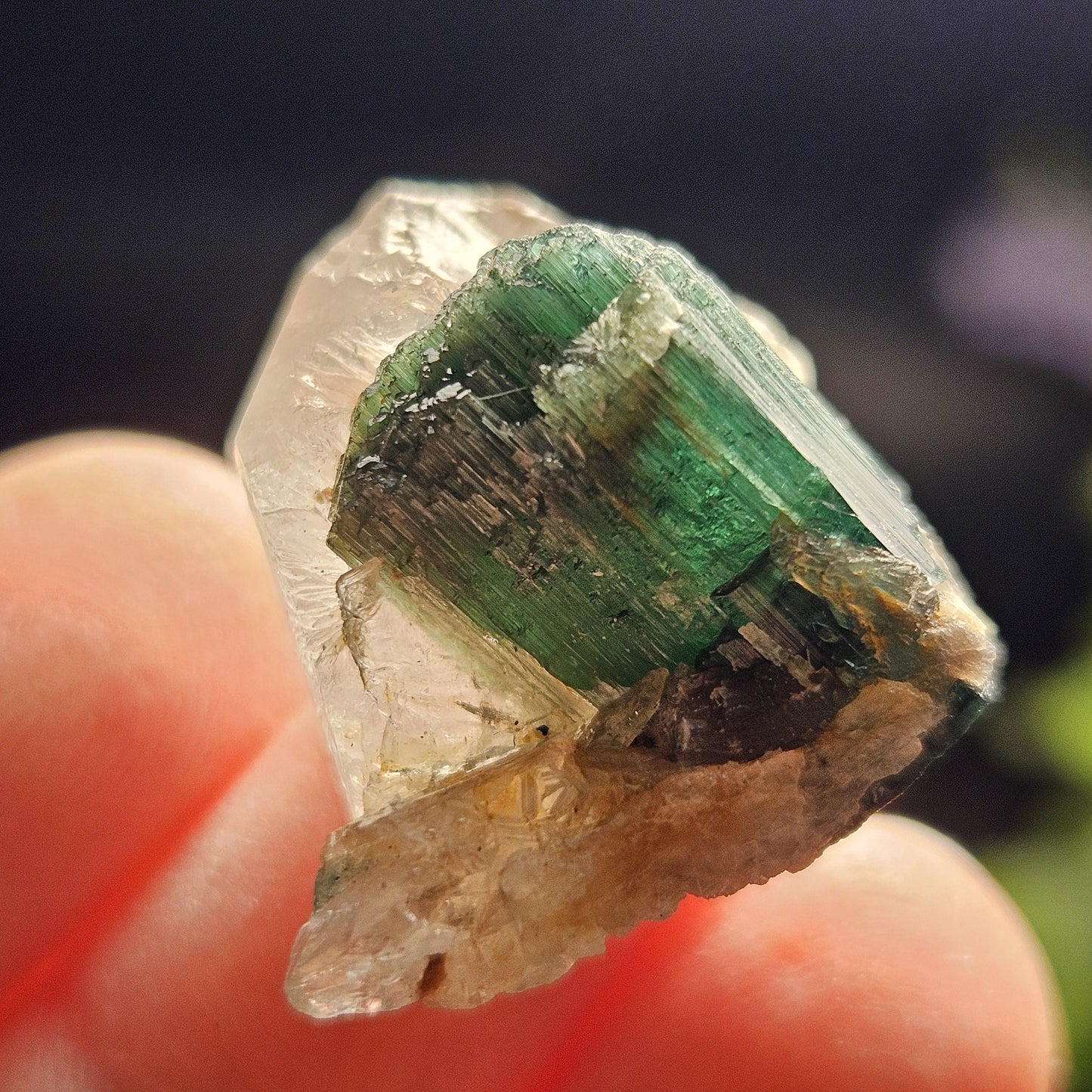 Green Tourmaline on Quartz Crystal 7.94g, Terminated Specimen from Brazil, Teal Blue Tourmaline and Quartz