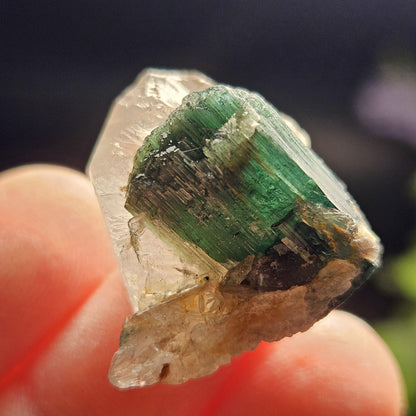 Green Tourmaline on Quartz Crystal 7.94g, Terminated Specimen from Brazil, Teal Blue Tourmaline and Quartz