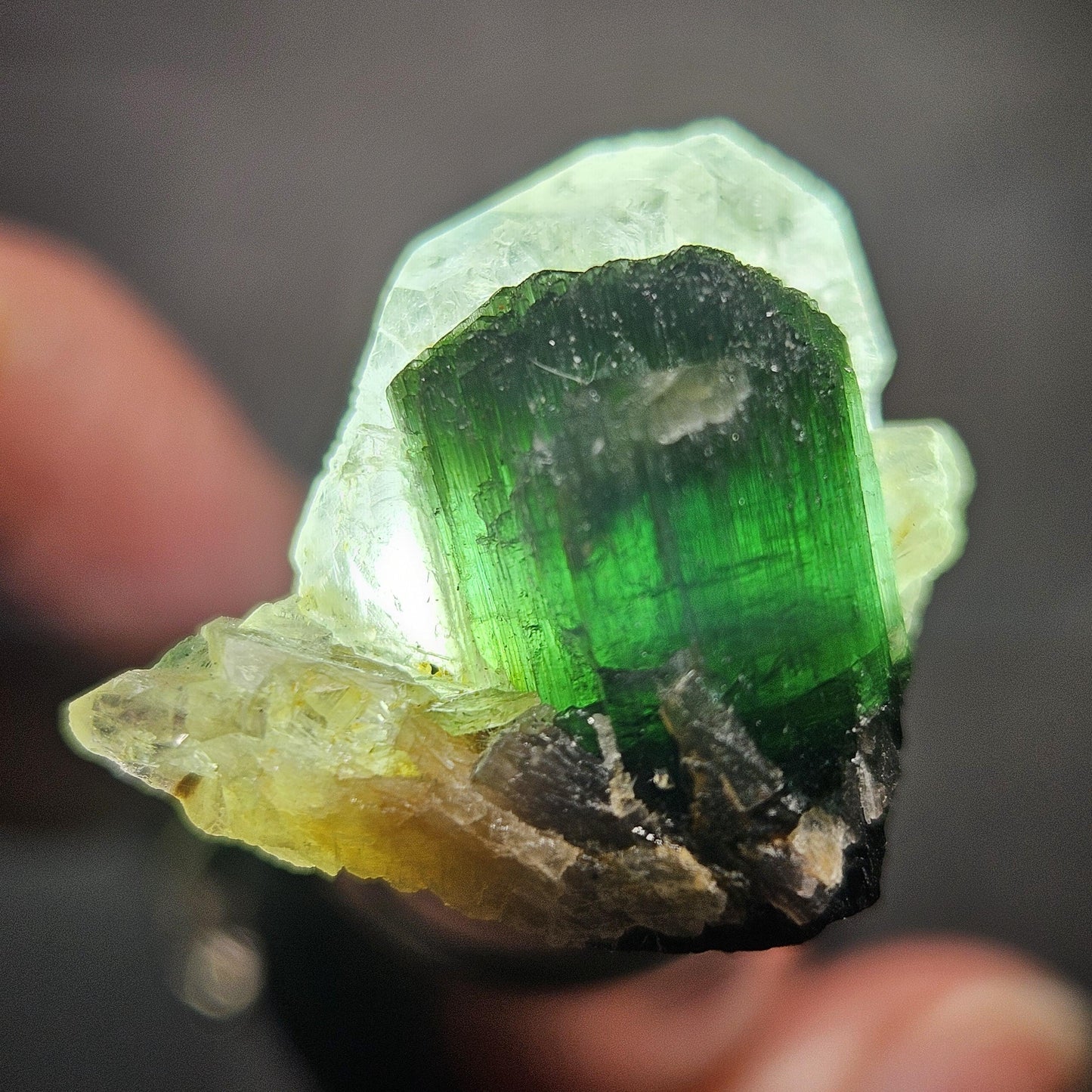 Green Tourmaline on Quartz Crystal 7.94g, Terminated Specimen from Brazil, Teal Blue Tourmaline and Quartz