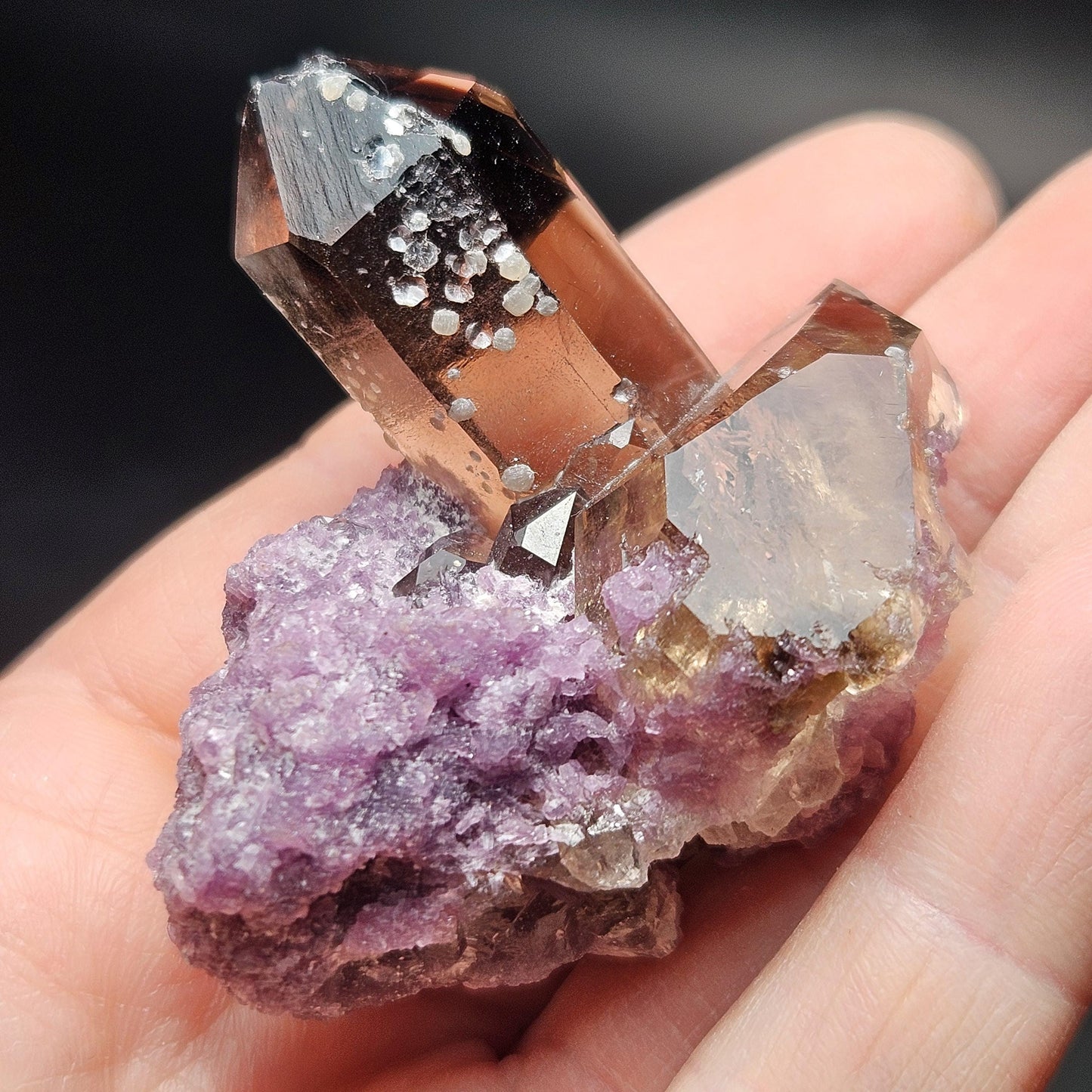Smoky Quartz on Lepidolite Crystal Specimen from Brazil 51.0g, Smoky Crystal Point, Lepidolite Cluster, Terminated Smoky Quartz