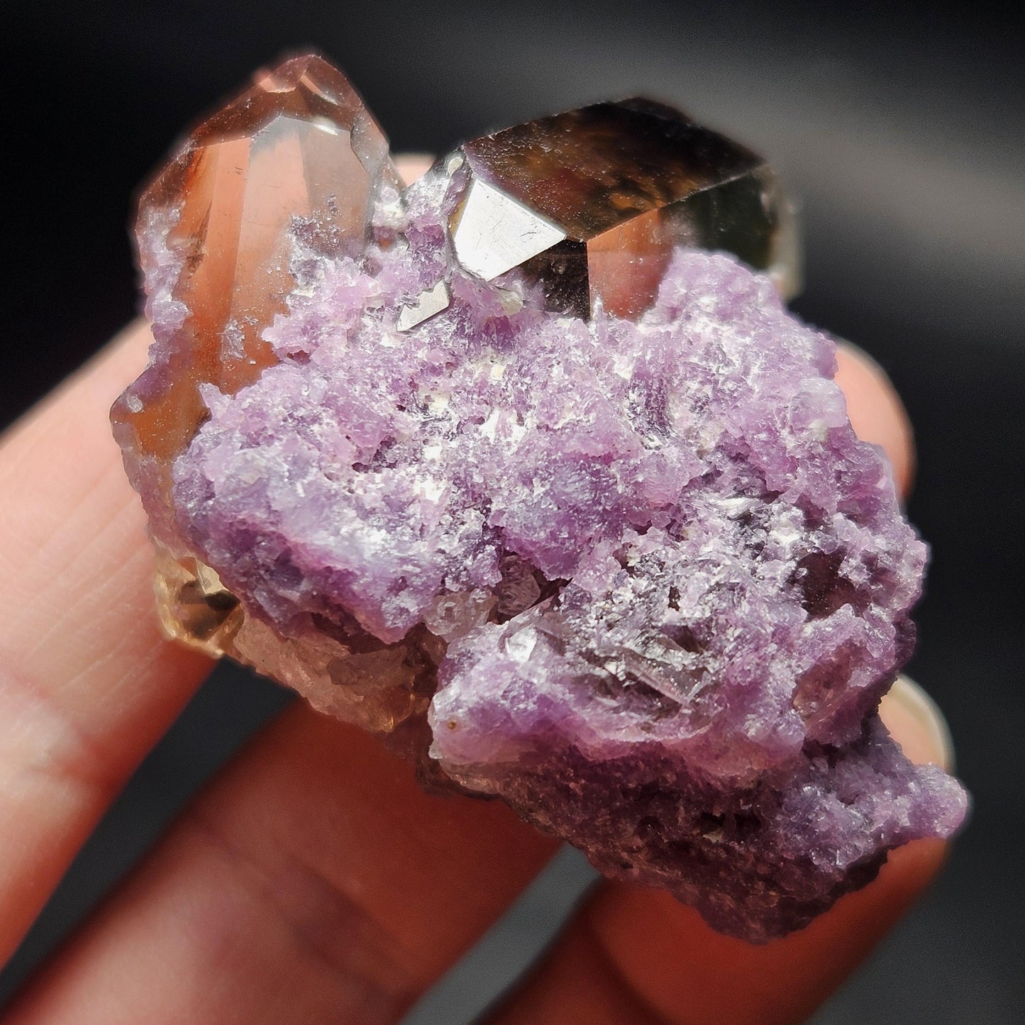 Smoky Quartz on Lepidolite Crystal Specimen from Brazil 51.0g, Smoky Crystal Point, Lepidolite Cluster, Terminated Smoky Quartz