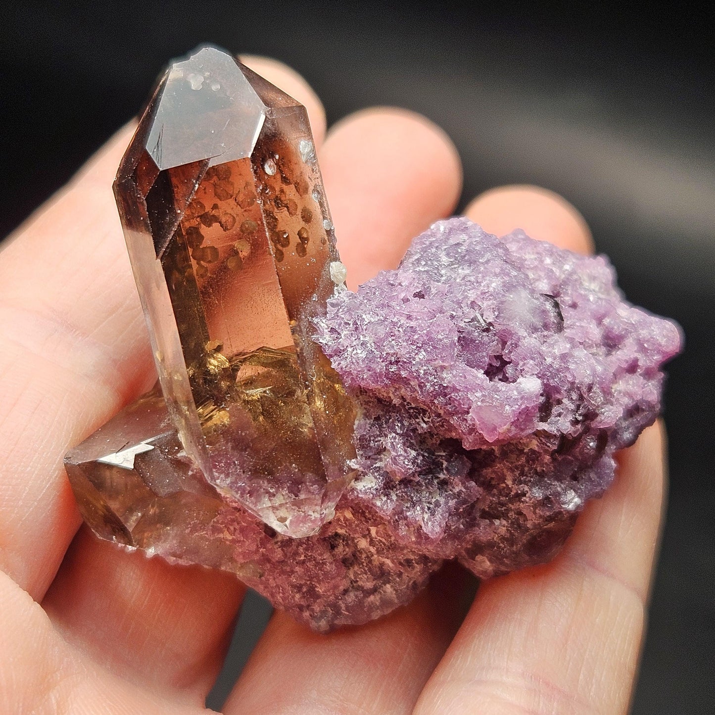 Smoky Quartz on Lepidolite Crystal Specimen from Brazil 51.0g, Smoky Crystal Point, Lepidolite Cluster, Terminated Smoky Quartz