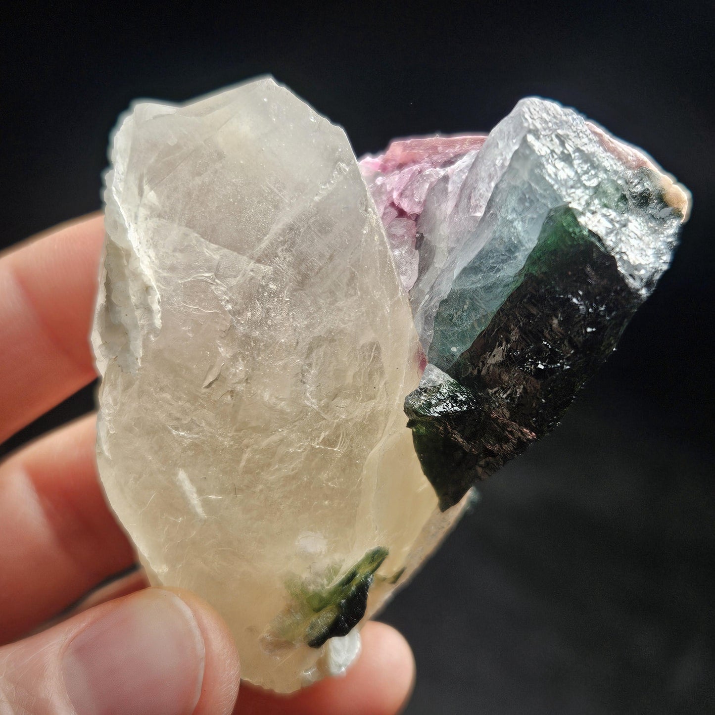 Blue Green Tourmaline in Quartz from Brazil 143.43g, Blue Black Green & Pink Raw Brazilian Tourmaline Specimen, Pink Tourmaline Crystal