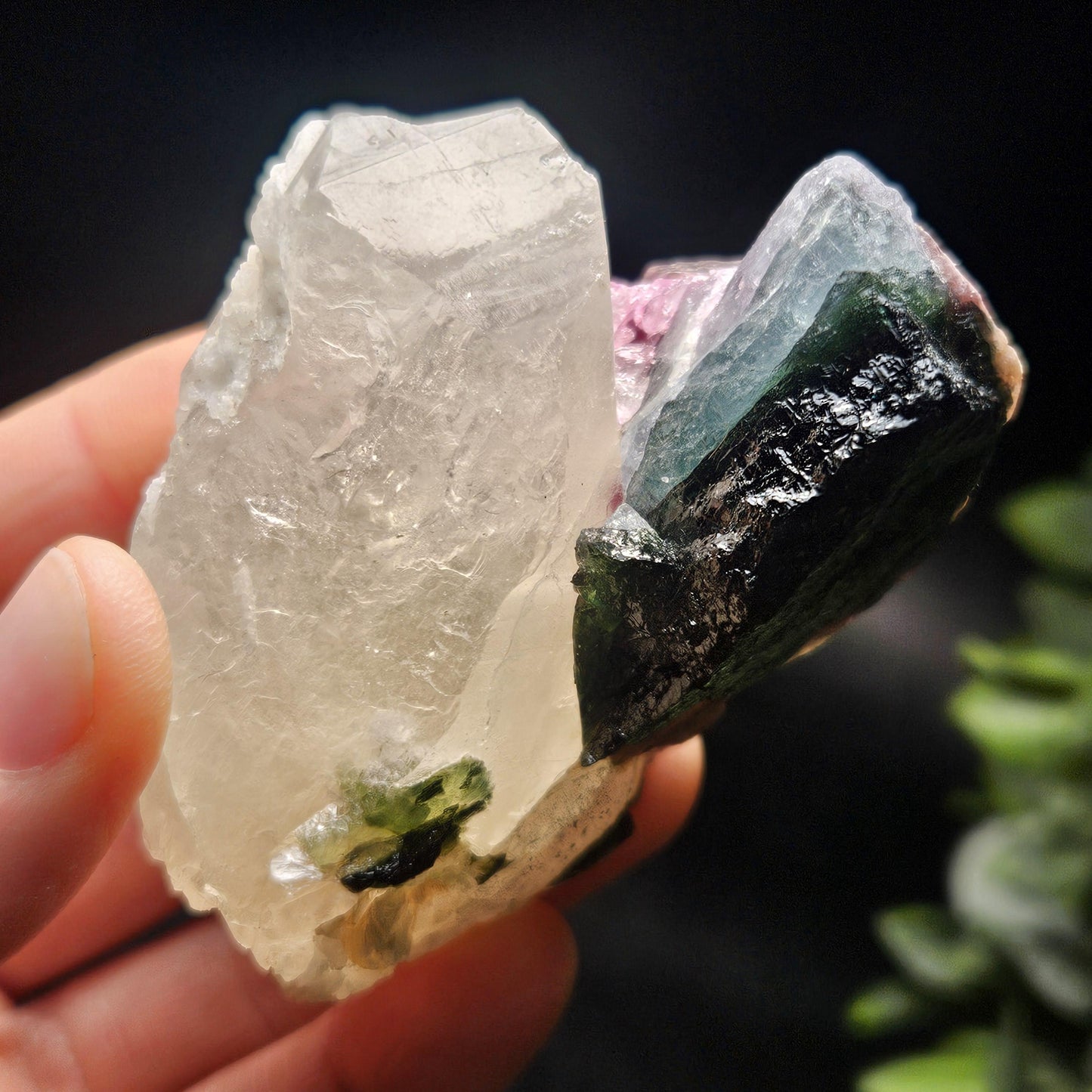 Blue Green Tourmaline in Quartz from Brazil 143.43g, Blue Black Green & Pink Raw Brazilian Tourmaline Specimen, Pink Tourmaline Crystal