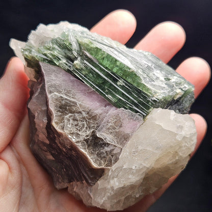HUGE Green Tourmaline in Quartz Crystal 222.56g, Brazilian Quartz & Green Tourmaline Specimen, Tourmaline Crystal with Lepidolite