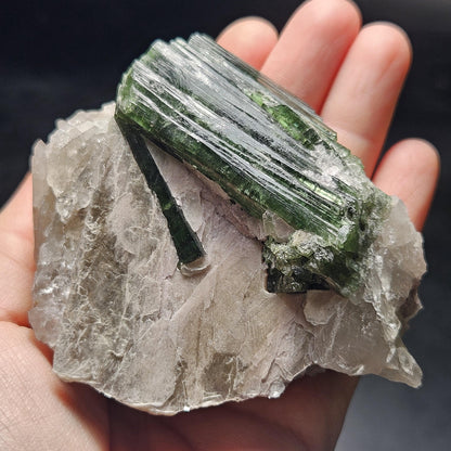 HUGE Green Tourmaline in Quartz Crystal 222.56g, Brazilian Quartz & Green Tourmaline Specimen, Tourmaline Crystal with Lepidolite