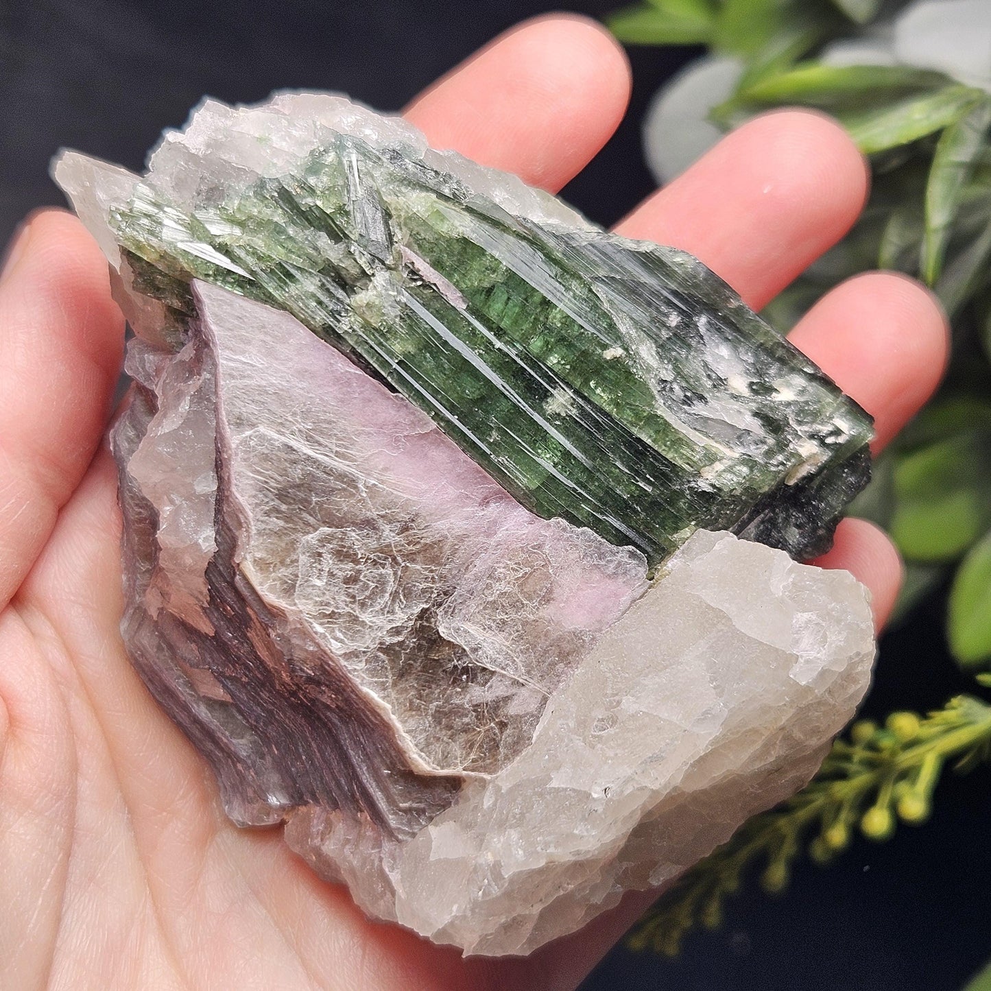 HUGE Green Tourmaline in Quartz Crystal 222.56g, Brazilian Quartz & Green Tourmaline Specimen, Tourmaline Crystal with Lepidolite
