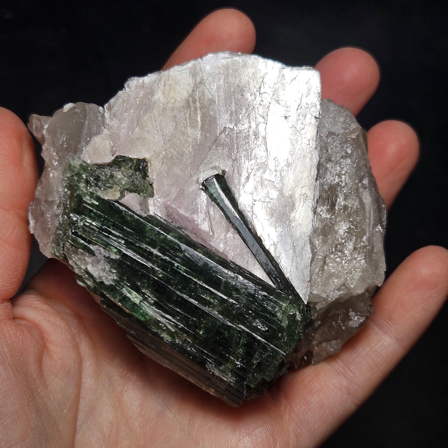 HUGE Green Tourmaline in Quartz Crystal 222.56g, Brazilian Quartz & Green Tourmaline Specimen, Tourmaline Crystal with Lepidolite