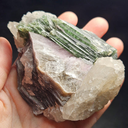 HUGE Green Tourmaline in Quartz Crystal 222.56g, Brazilian Quartz & Green Tourmaline Specimen, Tourmaline Crystal with Lepidolite