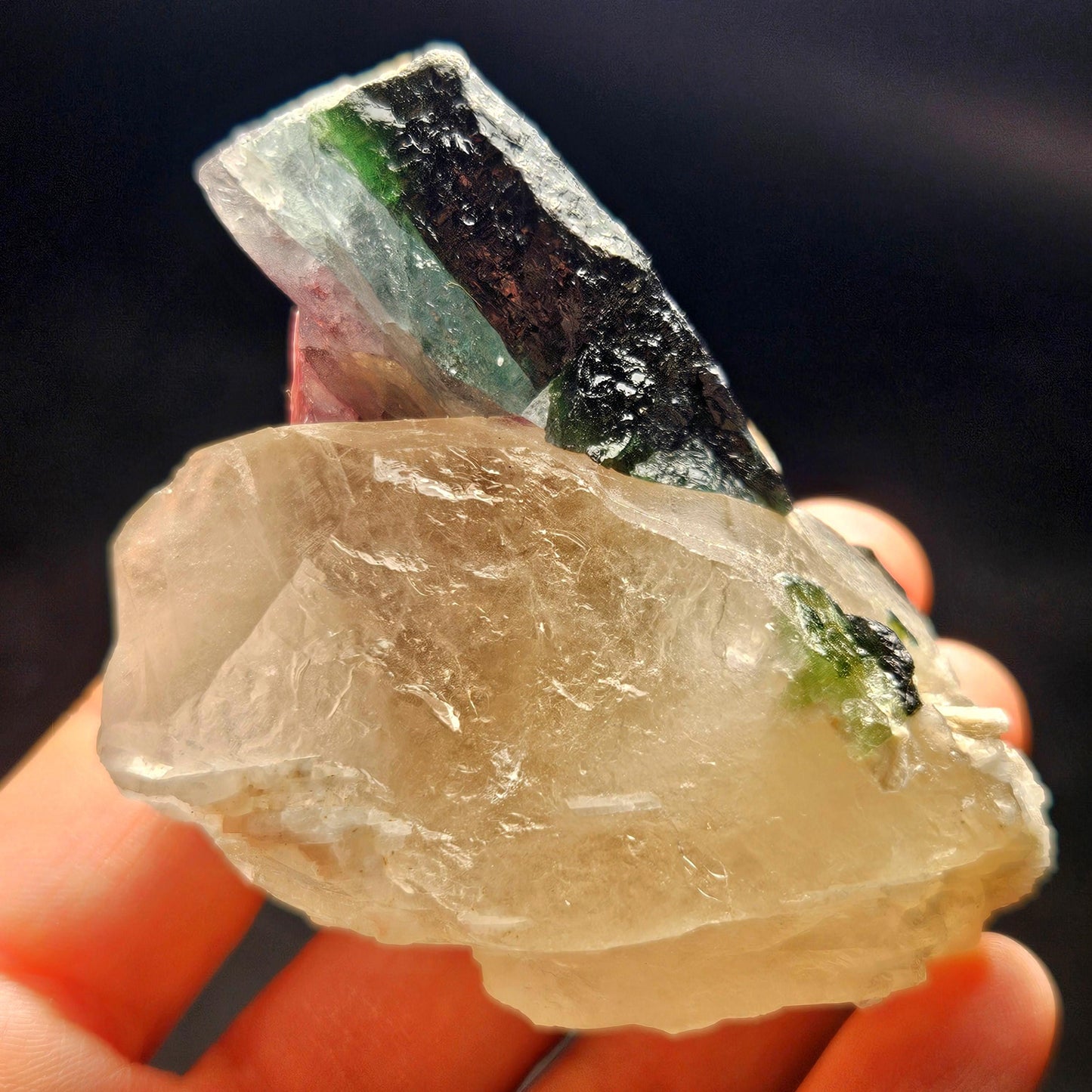 Blue Green Tourmaline in Quartz from Brazil 143.43g, Blue Black Green & Pink Raw Brazilian Tourmaline Specimen, Pink Tourmaline Crystal