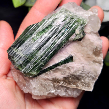 HUGE Green Tourmaline in Quartz Crystal 222.56g, Brazilian Quartz & Green Tourmaline Specimen, Tourmaline Crystal with Lepidolite