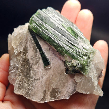 HUGE Green Tourmaline in Quartz Crystal 222.56g, Brazilian Quartz & Green Tourmaline Specimen, Tourmaline Crystal with Lepidolite