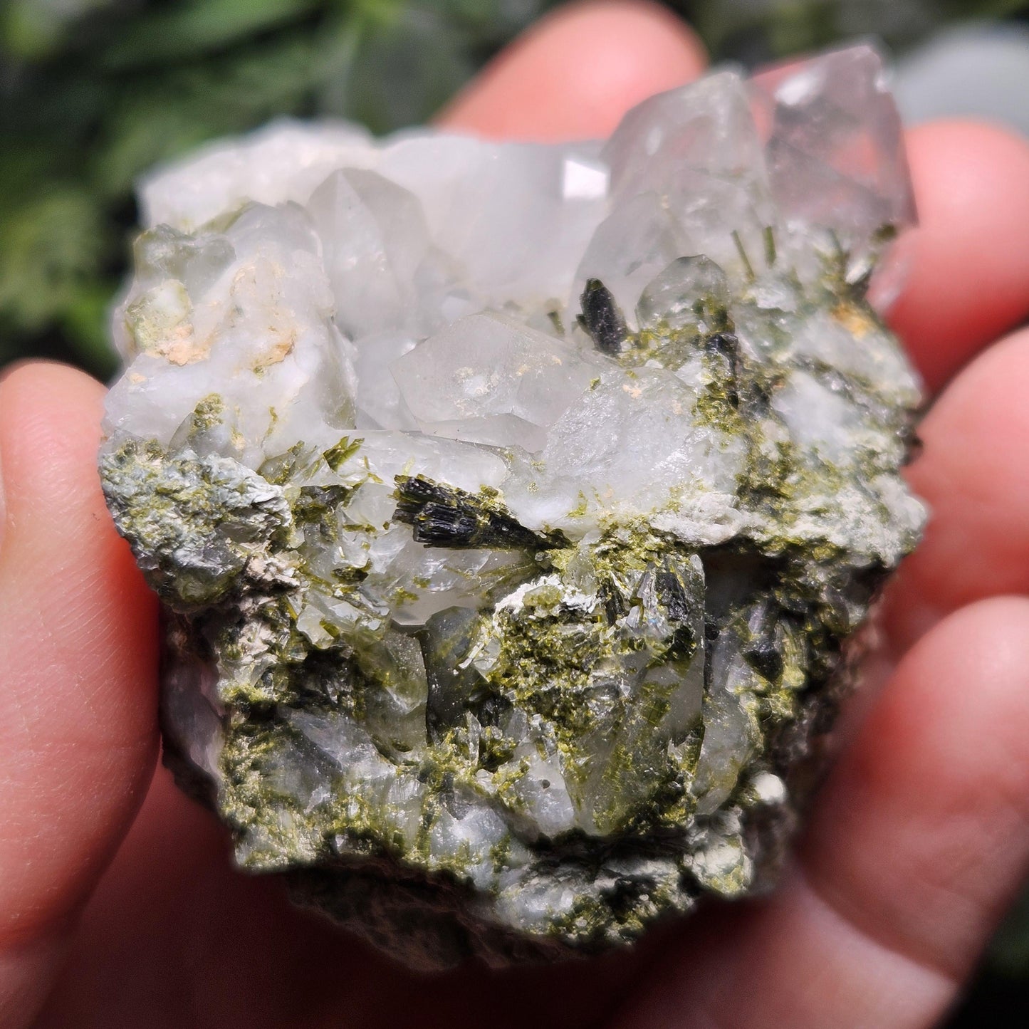 Dream Quartz Crystal Cluster 138g, Epidote in Quartz Cluster, Green Epidote Inclusions in Terminated Quartz