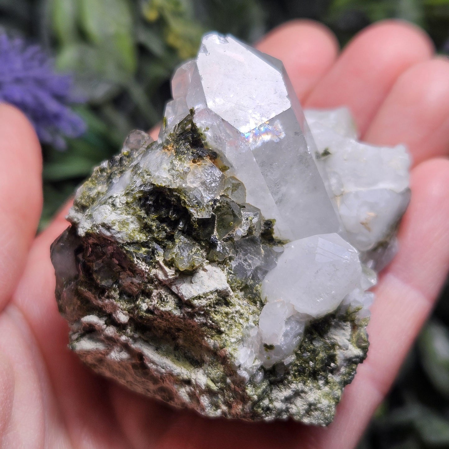 Dream Quartz Crystal Cluster 138g, Epidote in Quartz Cluster, Green Epidote Inclusions in Terminated Quartz
