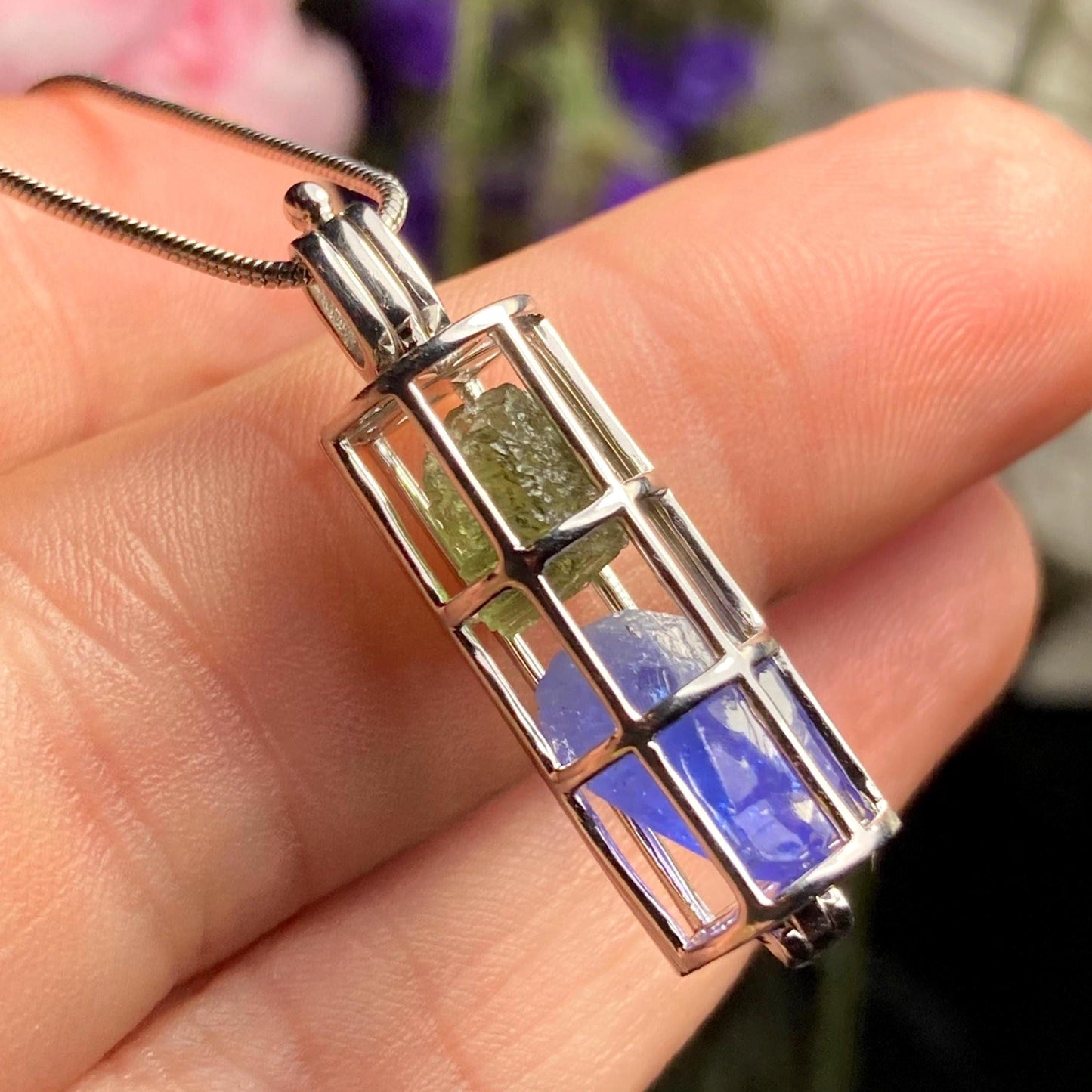 Moldavite & Tanzanite Pendant, Authentic Moldavite Crystal with Tanzanite in a Sterling Silver Cage Necklace