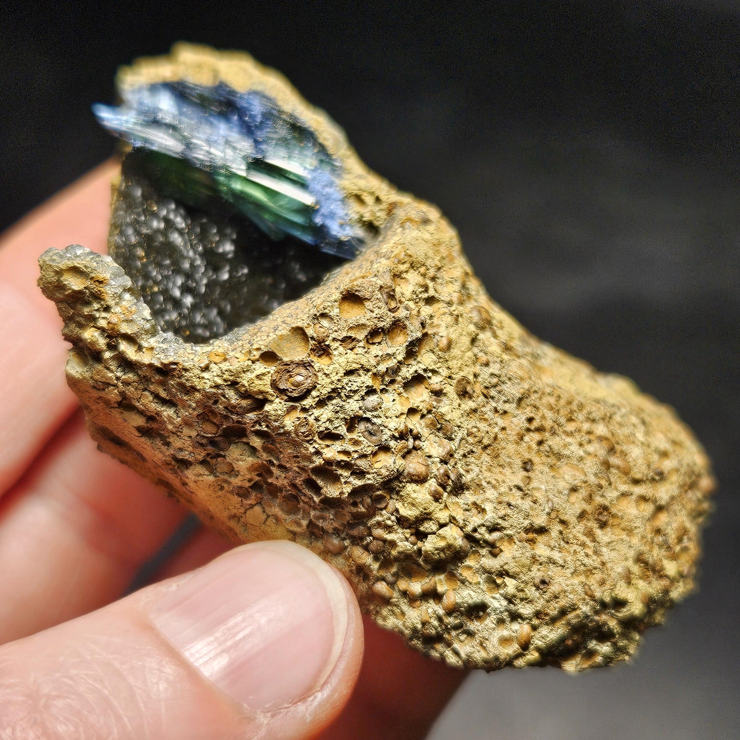 Vivianite Crystal Cluster with Botryoidal Chalcedony 63.24g, Raw Blue