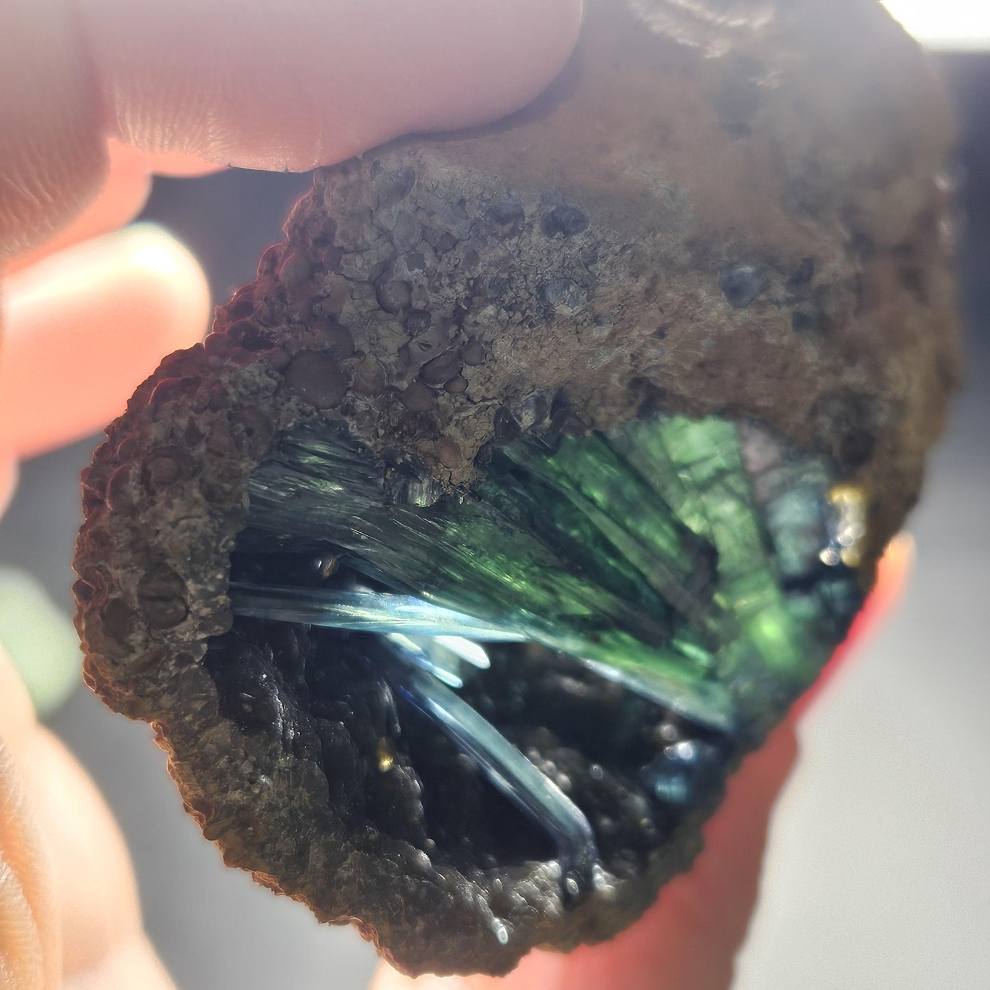 Vivianite Crystal Cluster with Botryoidal Chalcedony 63.24g, Raw Blue
