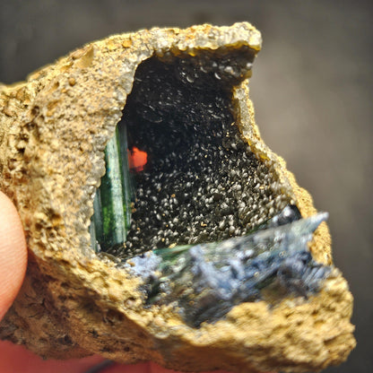 Vivianite Crystal Cluster with Botryoidal Chalcedony 63.24g, Raw Blue