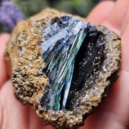 Vivianite Crystal Cluster with Botryoidal Chalcedony 63.24g, Raw Blue