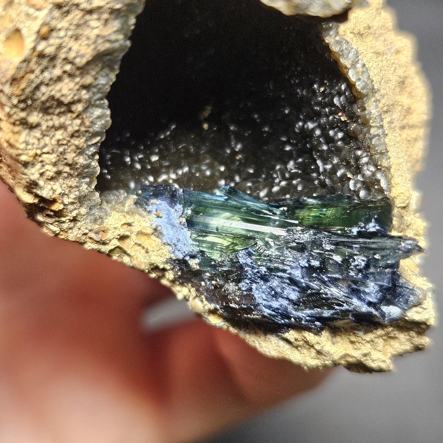 Vivianite Crystal Cluster with Botryoidal Chalcedony 63.24g, Raw Blue