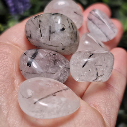 Black Rutilated Quartz, Tumbled Black Rutile in Quartz Crystal, Polished Stones
