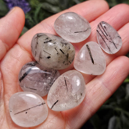Black Rutilated Quartz, Tumbled Black Rutile in Quartz Crystal, Polished Stones