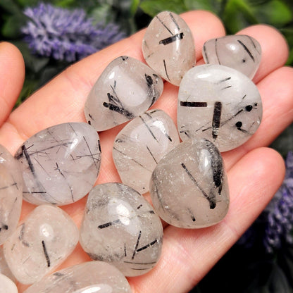 Black Rutilated Quartz, Tumbled Black Rutile in Quartz Crystal, Polished Stones
