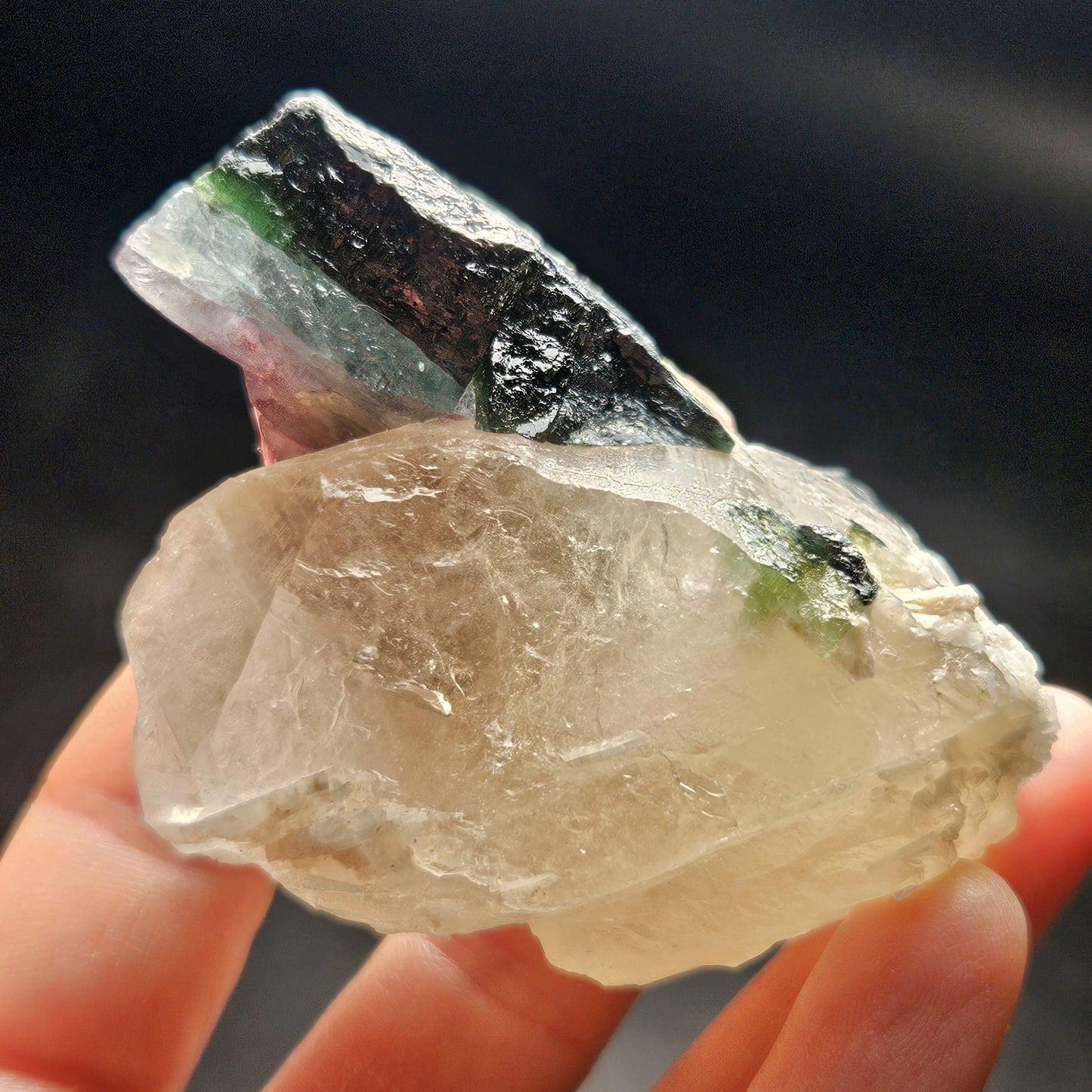 Blue Green Tourmaline in Quartz from Brazil 143.43g, Blue Black Green & Pink Raw Brazilian Tourmaline Specimen, Pink Tourmaline Crystal
