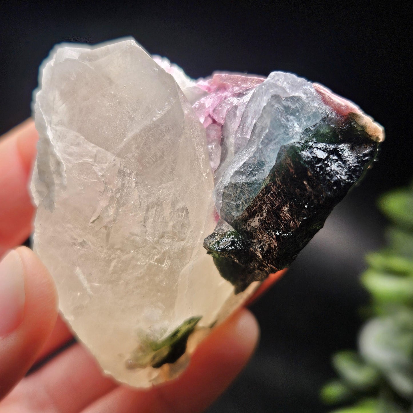 Blue Green Tourmaline in Quartz from Brazil 143.43g, Blue Black Green & Pink Raw Brazilian Tourmaline Specimen, Pink Tourmaline Crystal