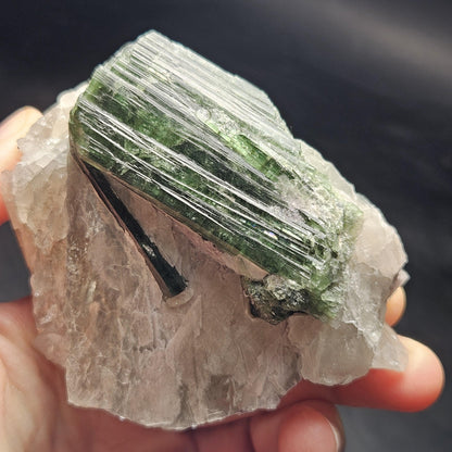 HUGE Green Tourmaline in Quartz Crystal 222.56g, Brazilian Quartz & Green Tourmaline Specimen, Tourmaline Crystal with Lepidolite