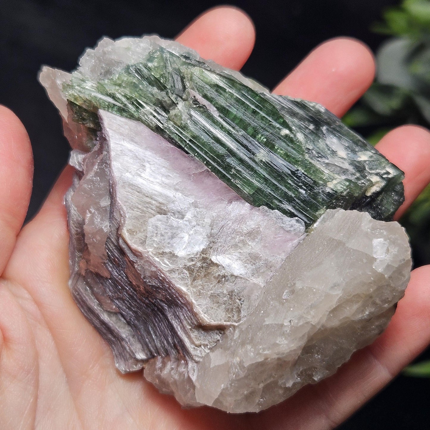 HUGE Green Tourmaline in Quartz Crystal 222.56g, Brazilian Quartz & Green Tourmaline Specimen, Tourmaline Crystal with Lepidolite