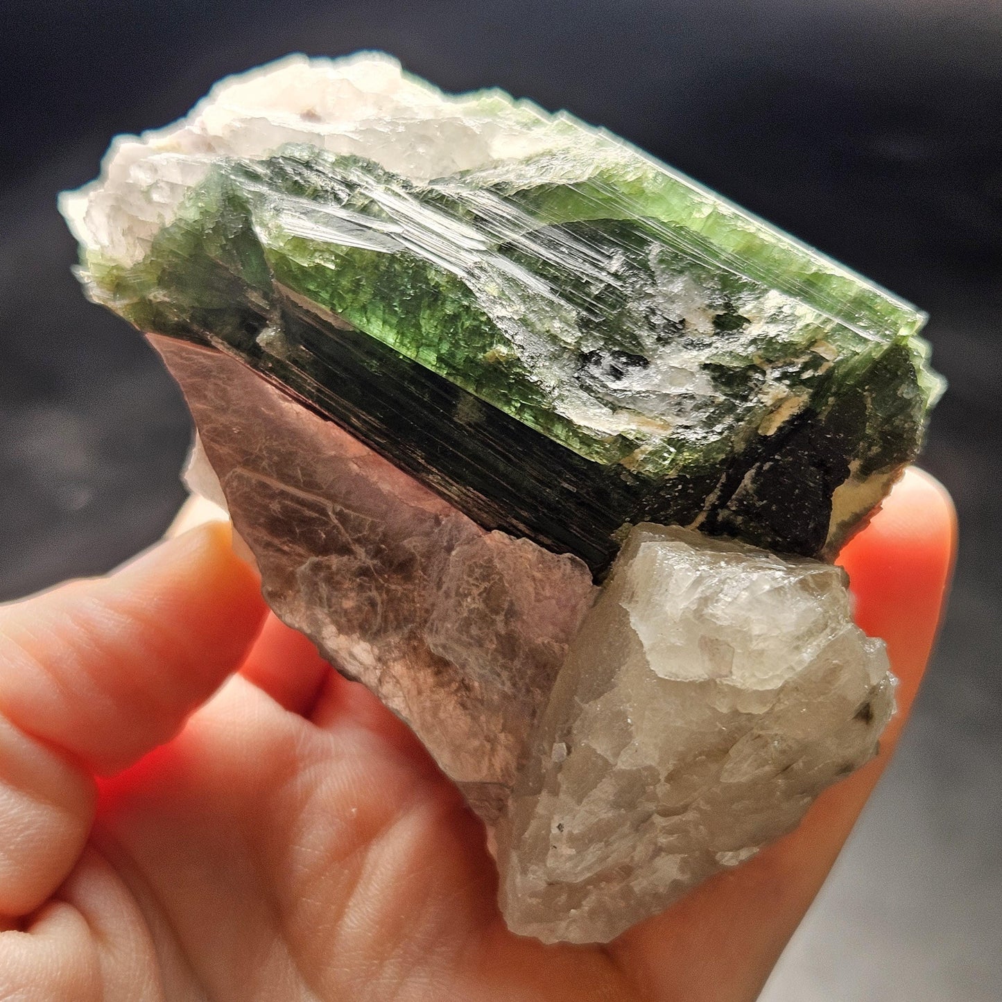 HUGE Green Tourmaline in Quartz Crystal 222.56g, Brazilian Quartz & Green Tourmaline Specimen, Tourmaline Crystal with Lepidolite