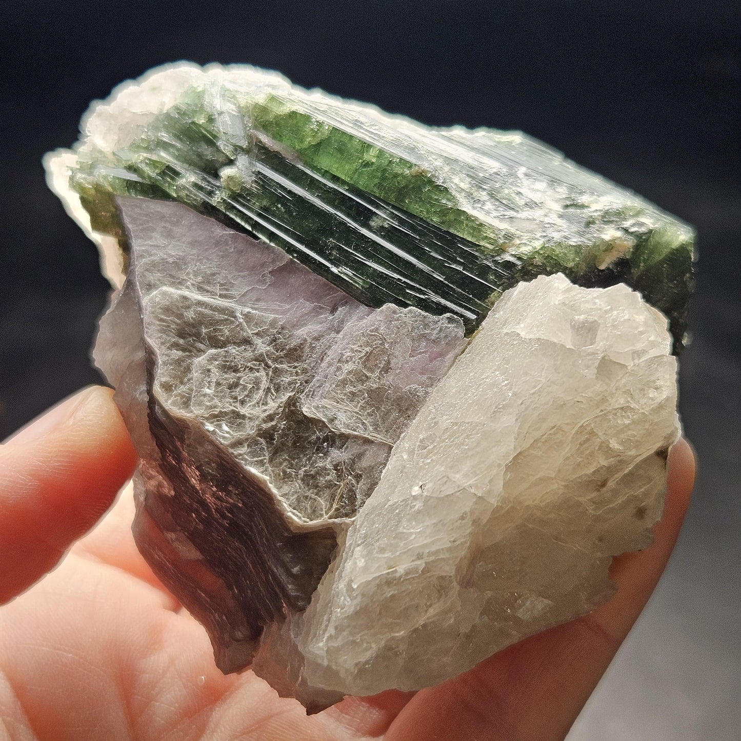 HUGE Green Tourmaline in Quartz Crystal 222.56g, Brazilian Quartz & Green Tourmaline Specimen, Tourmaline Crystal with Lepidolite