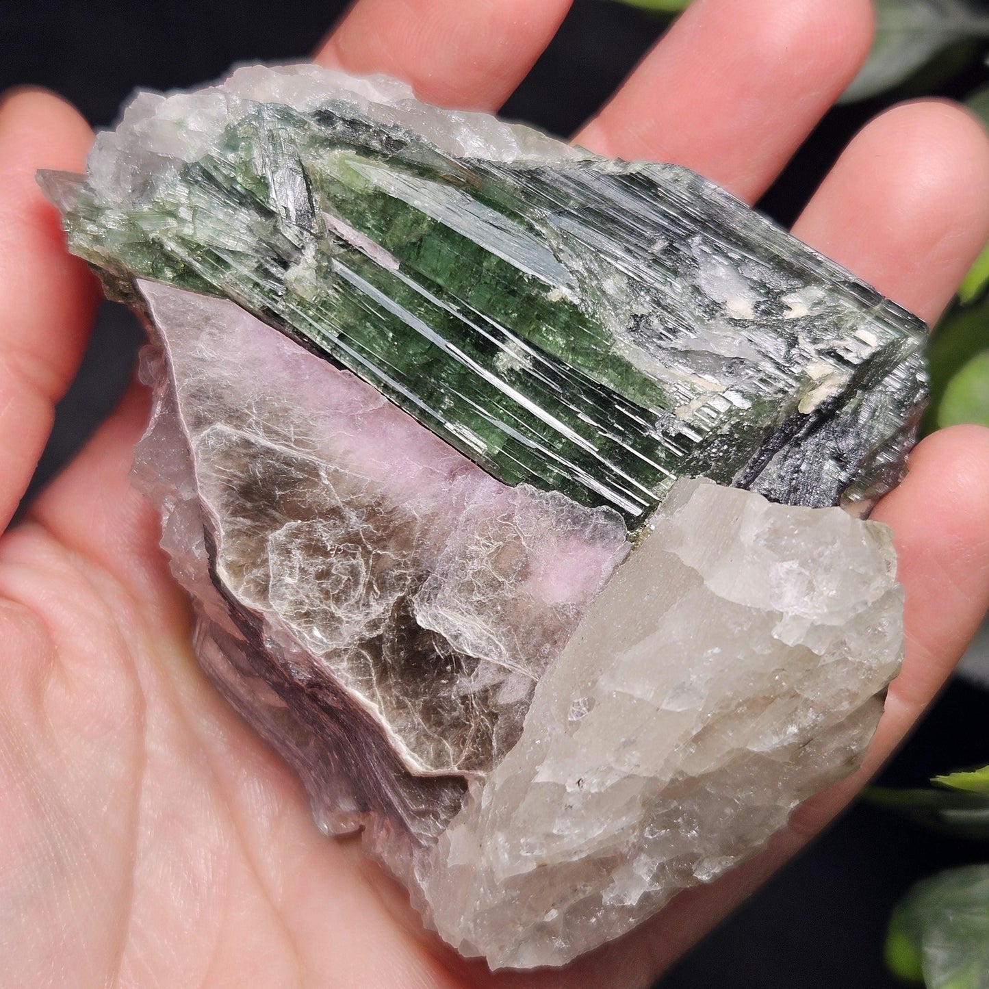 HUGE Green Tourmaline in Quartz Crystal 222.56g, Brazilian Quartz & Green Tourmaline Specimen, Tourmaline Crystal with Lepidolite