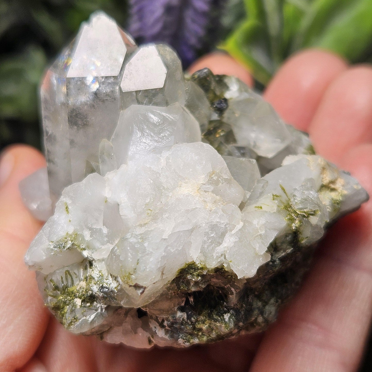 Dream Quartz Crystal Cluster 138g, Epidote in Quartz Cluster, Green Epidote Inclusions in Terminated Quartz