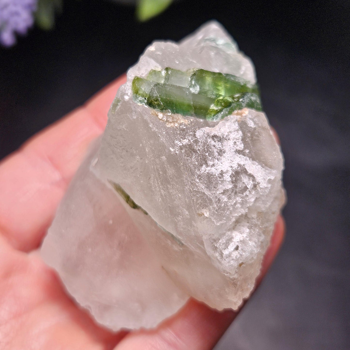 Green Tourmaline in Quartz Crystal 130.59g, Brazilian Quartz with Tourmaline, Green Tourmaline Specimen, Tourmaline Crystal