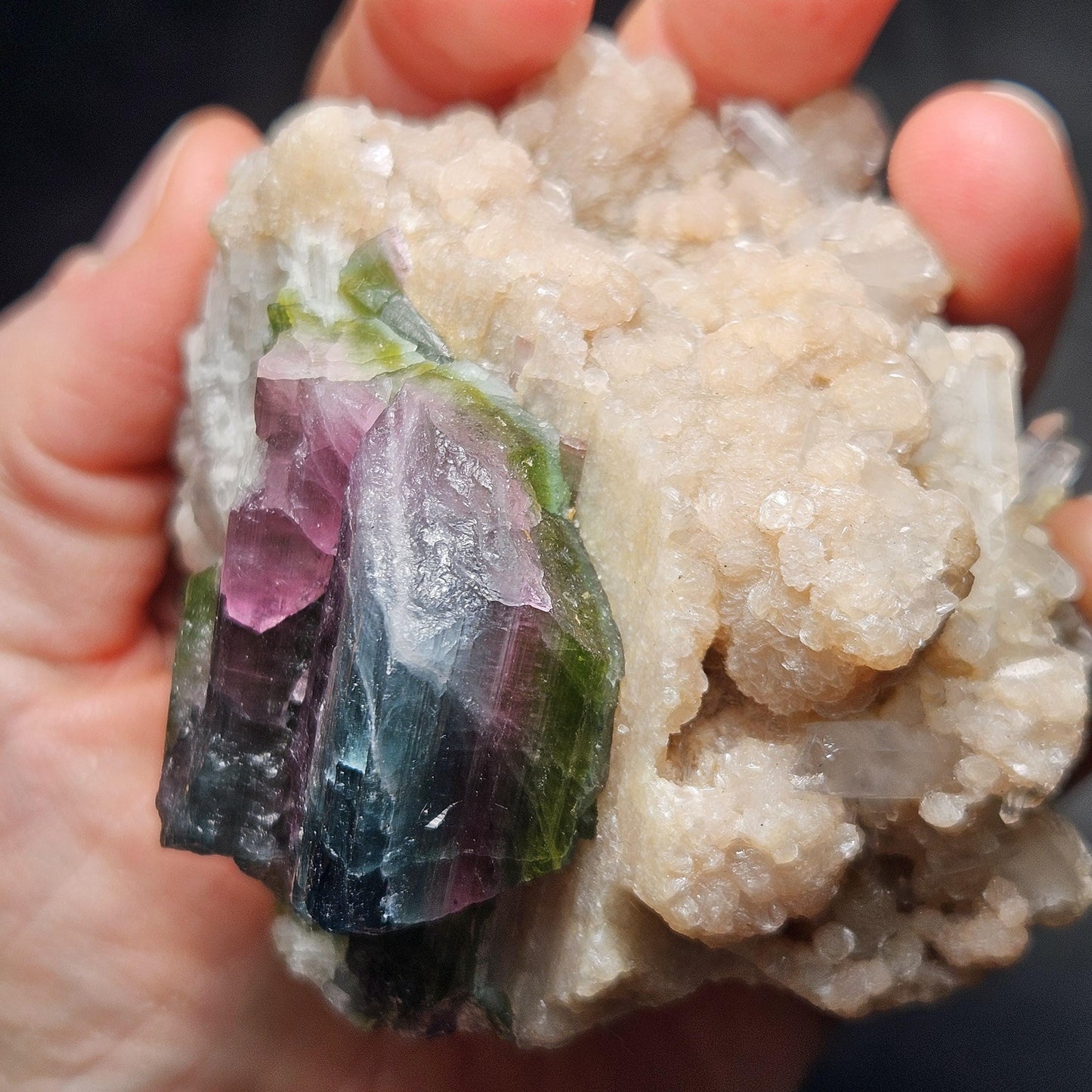 Blue Watermelon Tourmaline on Cookeite 355g, Bicolored Brazilian Tourmaline Specimen, Green Blue Pink Tourmaline Crystal