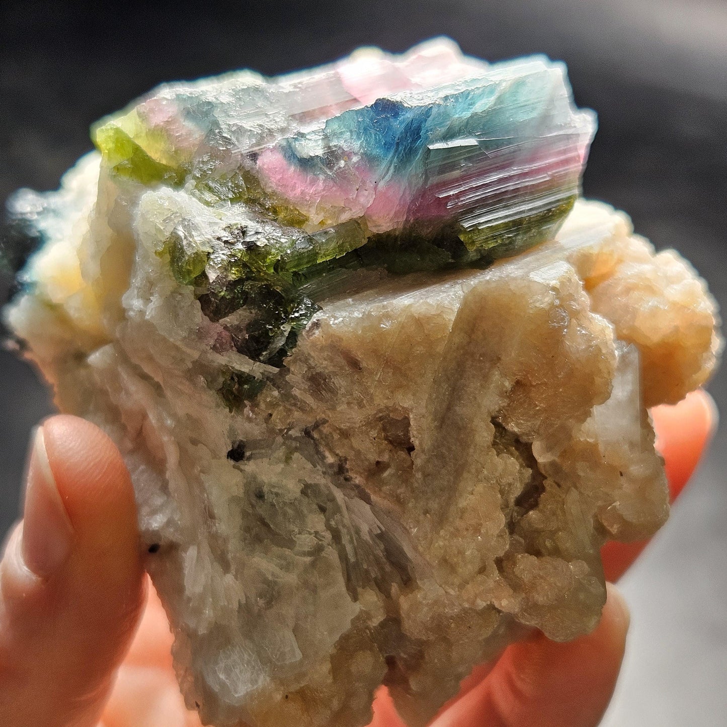 Blue Watermelon Tourmaline on Cookeite 355g, Bicolored Brazilian Tourmaline Specimen, Green Blue Pink Tourmaline Crystal