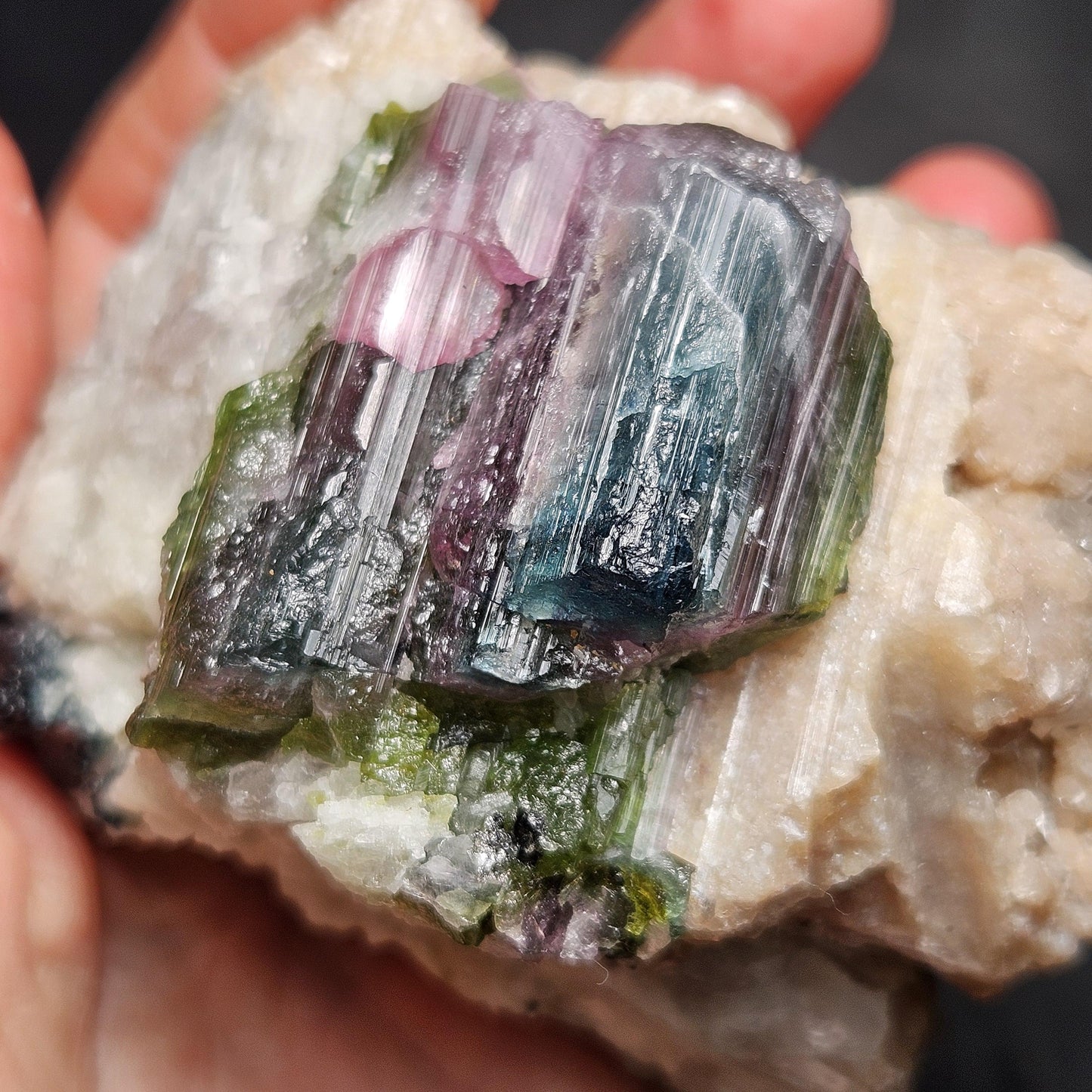 Blue Watermelon Tourmaline on Cookeite 355g, Bicolored Brazilian Tourmaline Specimen, Green Blue Pink Tourmaline Crystal
