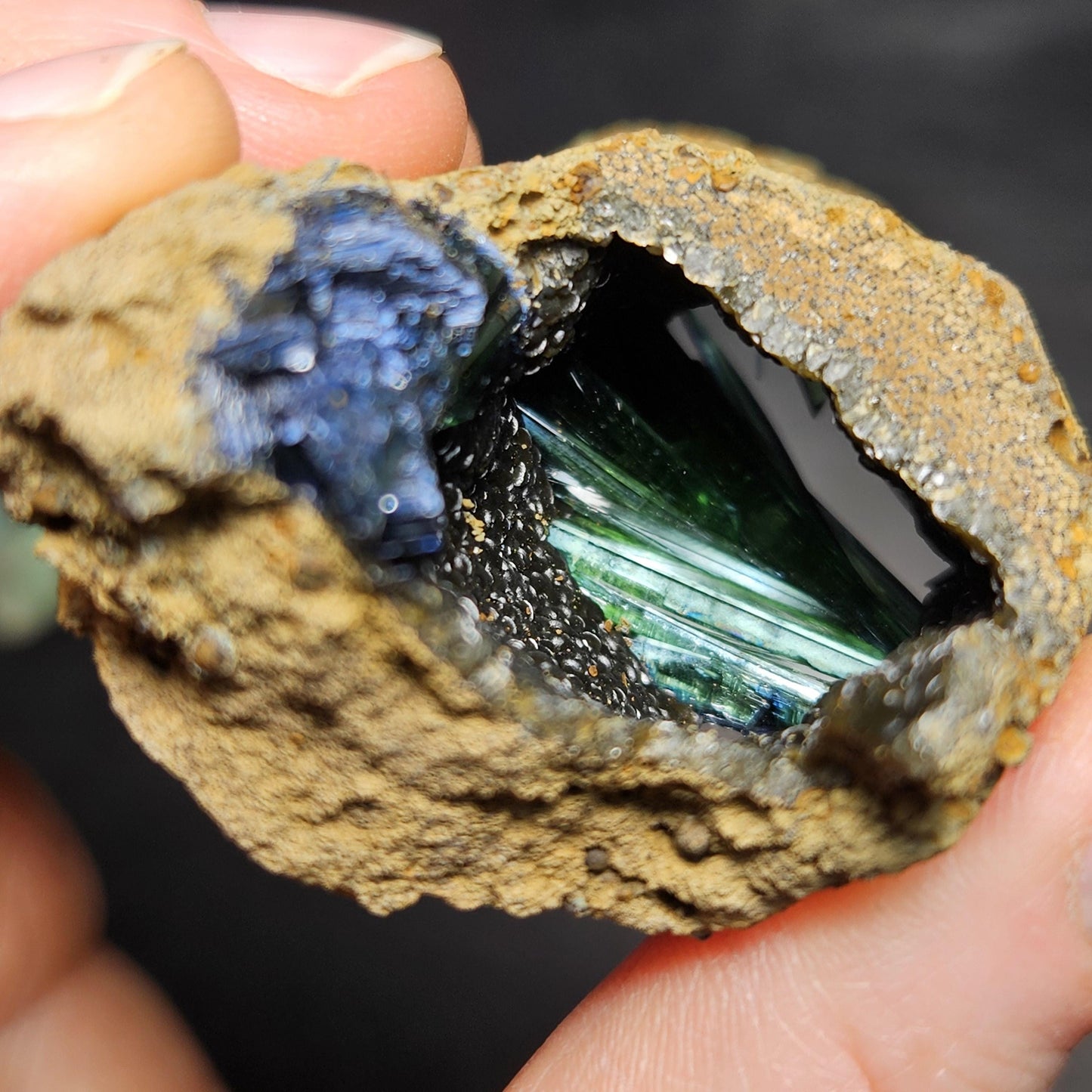 Vivianite Crystal Cluster with Botryoidal Chalcedony 63.24g, Raw Blue