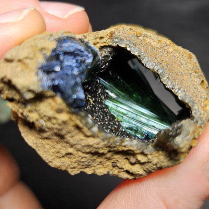 Vivianite Crystal Cluster with Botryoidal Chalcedony 63.24g, Raw Blue