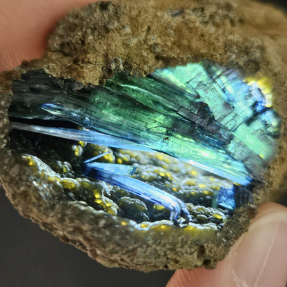 Vivianite Crystal Cluster with Botryoidal Chalcedony 63.24g, Raw Blue