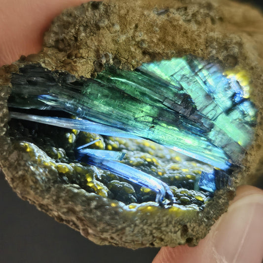 Vivianite Crystal Cluster with Botryoidal Chalcedony 63.24g, Raw Blue