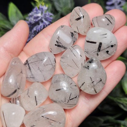 Black Rutilated Quartz, Tumbled Black Rutile in Quartz Crystal, Polished Stones