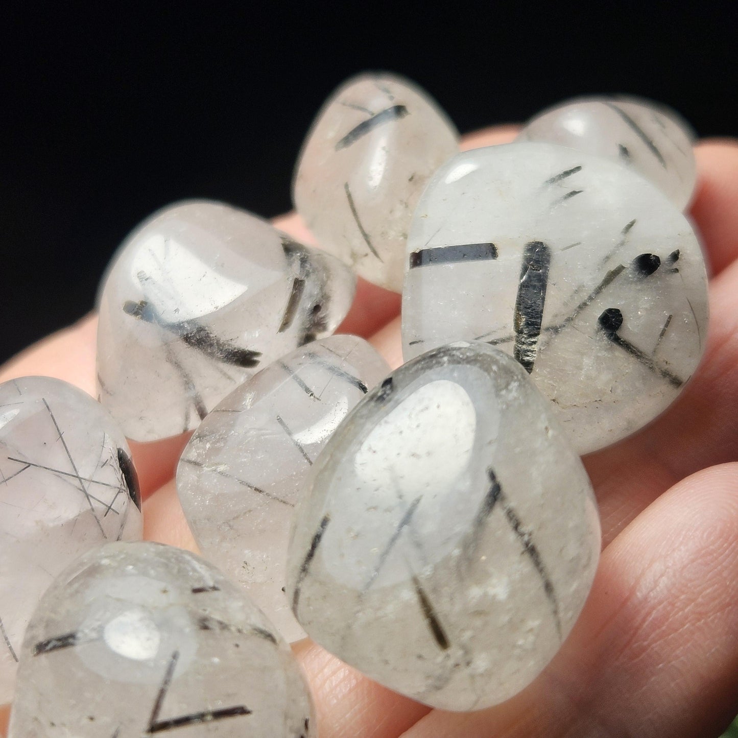 Black Rutilated Quartz, Tumbled Black Rutile in Quartz Crystal, Polished Stones