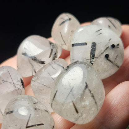 Black Rutilated Quartz, Tumbled Black Rutile in Quartz Crystal, Polished Stones