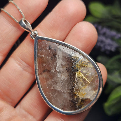Rutile Hematite in Quartz Pendant, Sterling Silver Rutile Star Necklace
