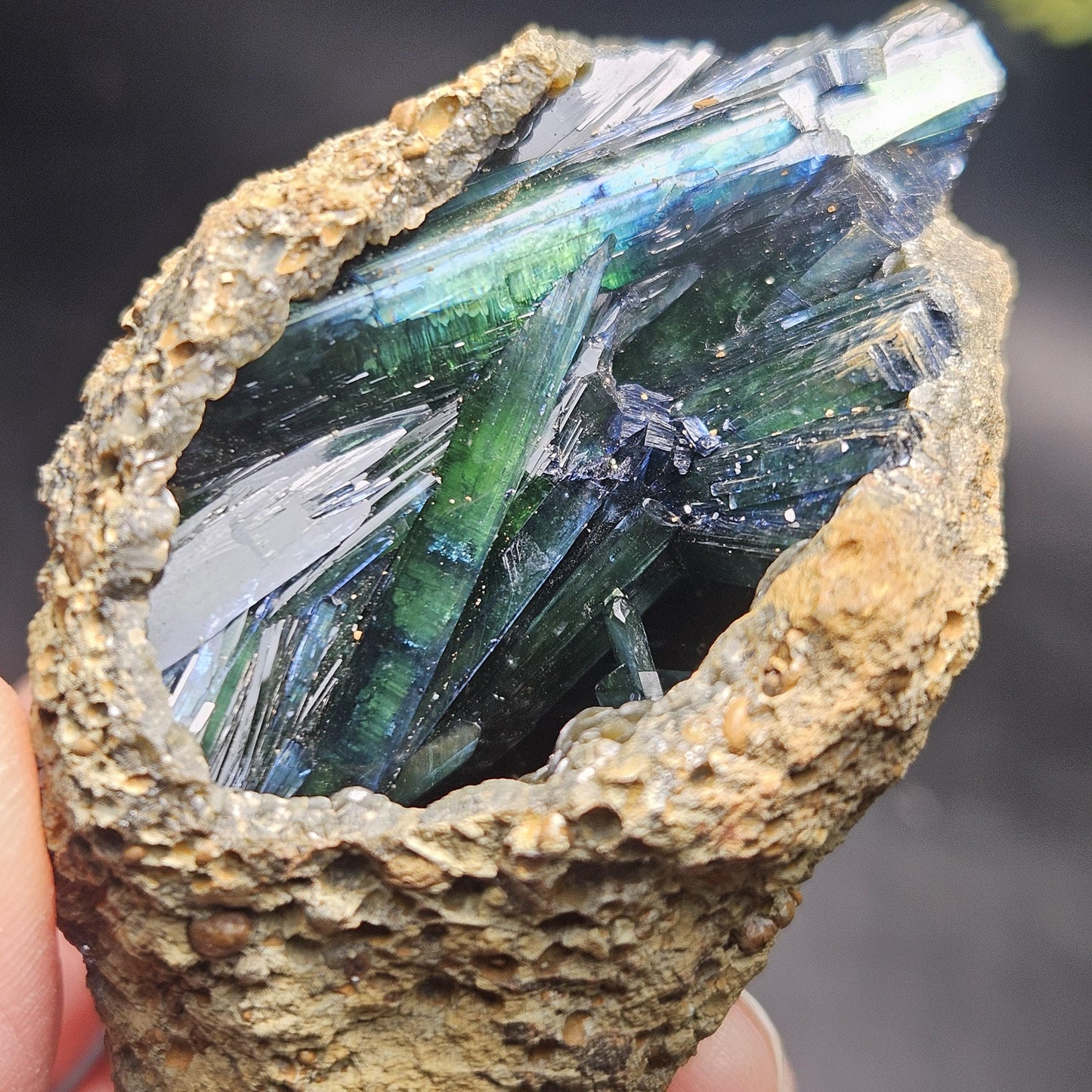 Vivianite Crystal Cluster with Botryoidal Chalcedony 107.66g, Raw Blue