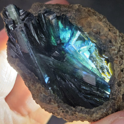 Vivianite Crystal Cluster with Botryoidal Chalcedony 107.66g, Raw Blue