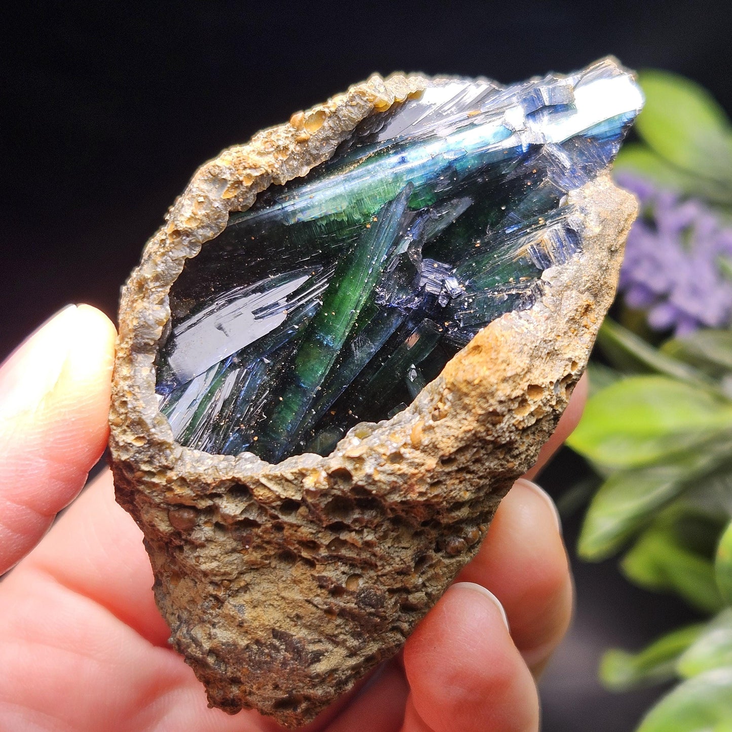 Vivianite Crystal Cluster with Botryoidal Chalcedony 107.66g, Raw Blue